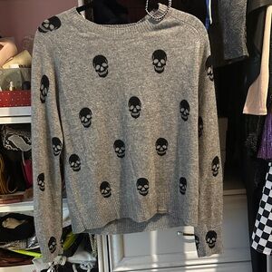 Gray Sweater with Black Skull Pattern- cashmere